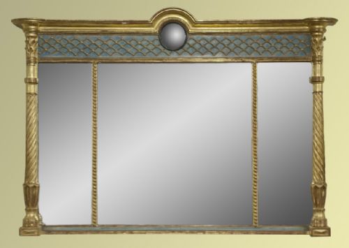 Regency Period Giltwood Overmantel Mirror with a Dome Top Crest and Inset Convex Mirror on a Lattice Frieze