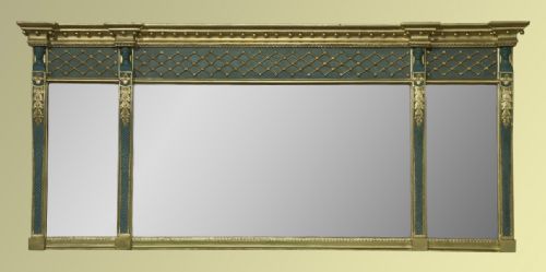 Regency Period Giltwood Overmantel Mirror with Lattice Frieze Over a Triple Plate Mirror