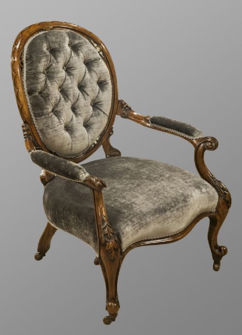 Victorian Walnut Open Armchair Upholstered in G.p. Baker Velvet