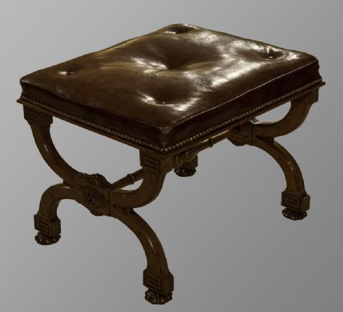 William IV Faded Rosewood Carved X-frame Stool with Leather Top