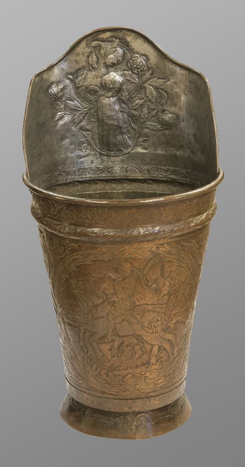 Late 19th Century Embossed Copper Grape Hod with Original Leather Straps