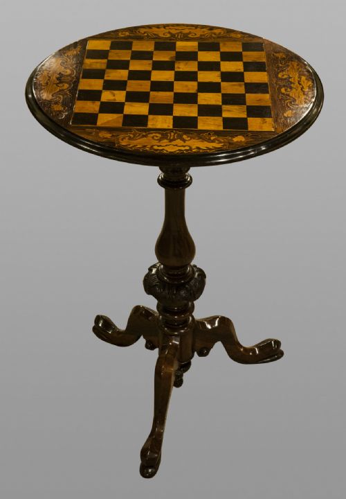 Rosewood and Marquetry Inlaid Chess Top Tripod Table