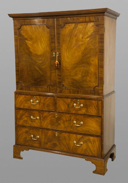 George III Mahogany Linen Press with Flame Mahogany Panelled Doors