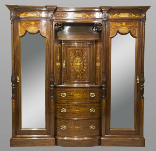 19th Century Sheraton Revival Mahogany and Marquetry Inlaid Architectural Wardrobe
