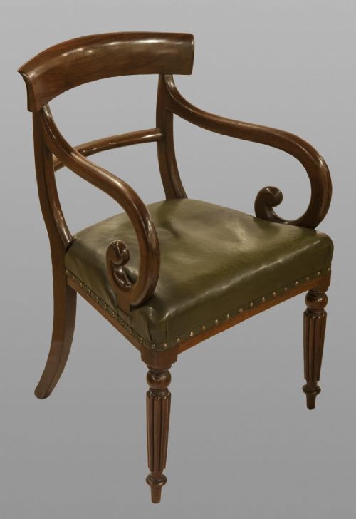 Late Georgian Mahogany Scroll Armchair on Reeded Legs