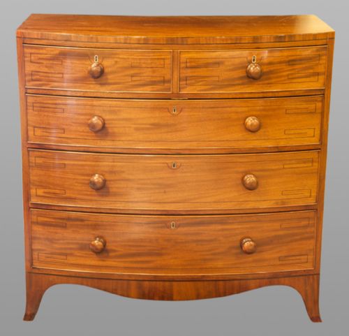 Unusual Mahogany Ebony Line Inlaid Bow-front Chest of Drawers