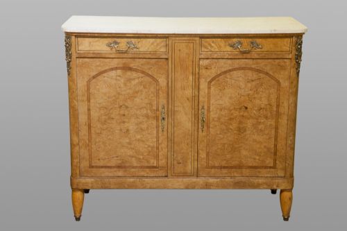 French Burr Elm and Inlaid Side Cabinet with a Marble Top