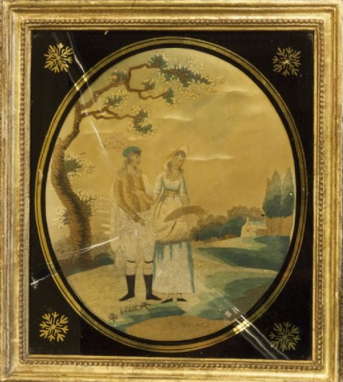 Silkwork of Loving Couple in Original Giltwood