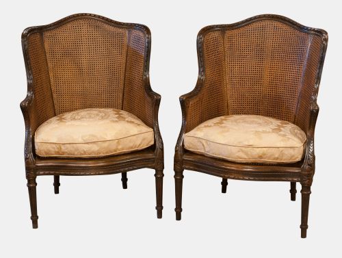 Pair of French Carved Bergere Armchairs