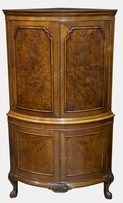 Burr Walnut Bowfronted Corner Cupboard