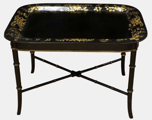 Black & Gilt Decorated Papier Mache Tray on Stand