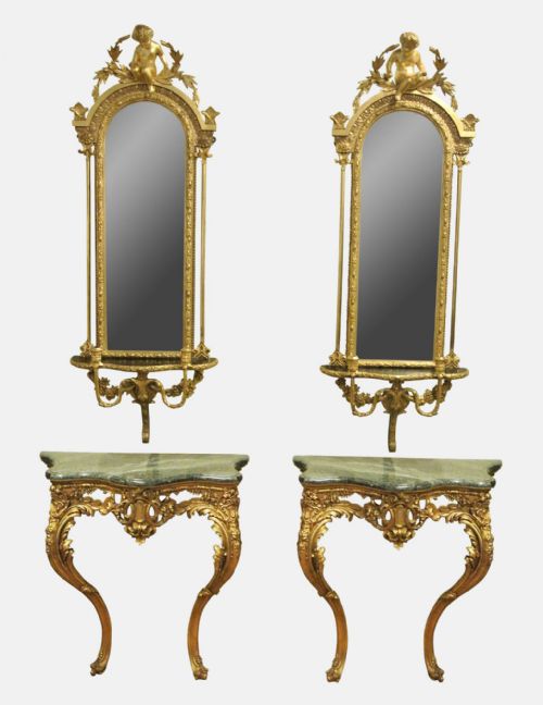 Pair of Victorian Giltwood and Gesso Console Tables and Girandole Mirrors