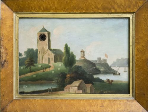 Oil on Tin of Estuary Village Scene