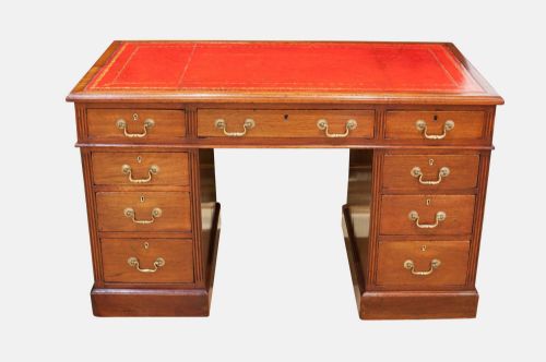 Red Leather Topped Mahogany 9 Drawer Desk