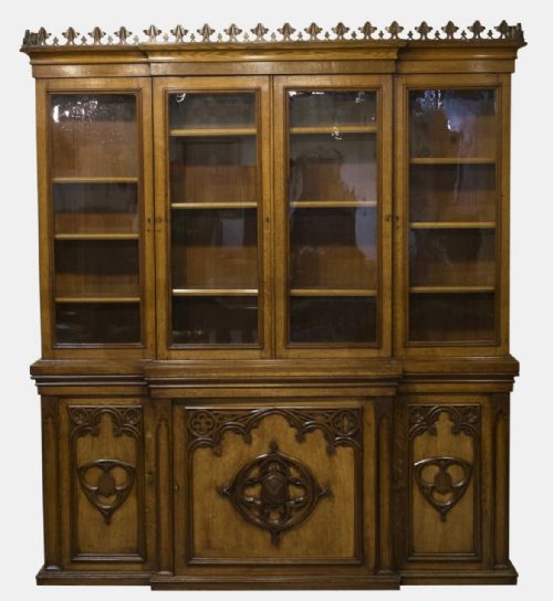 Victorian Oak Breakfront Gothic Bookcase