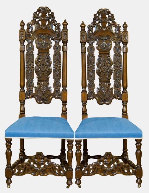 Pair of Carved Walnut High Back Chairs