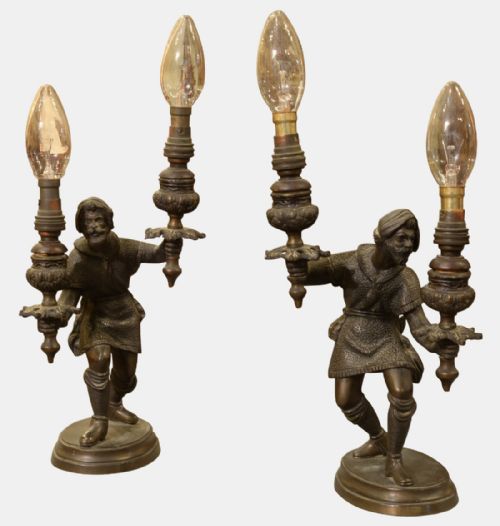 Pair of Bronze Candelabra Medieval Woodsmen