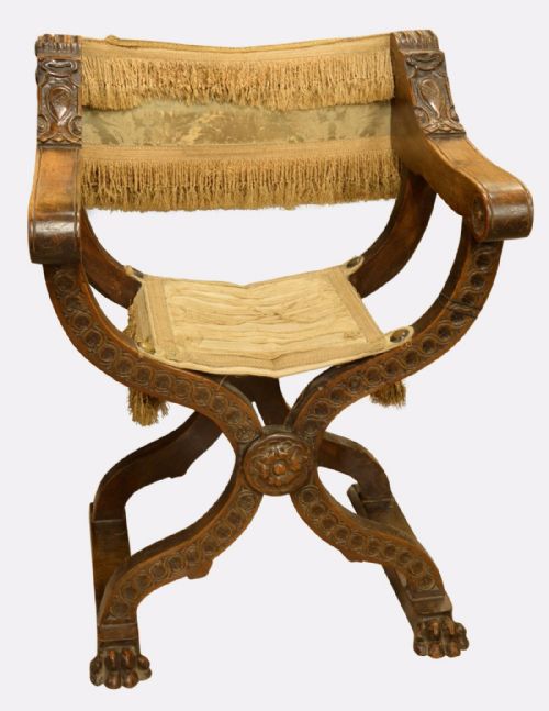 Italian Walnut Carved X Frame Chair