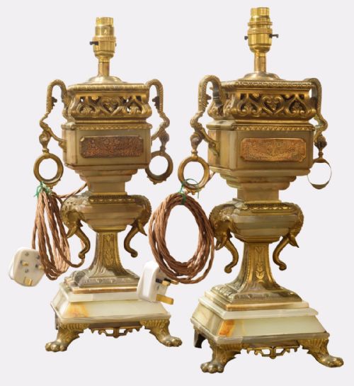 Pair of 19th Century Brass & Onyx Lamps
