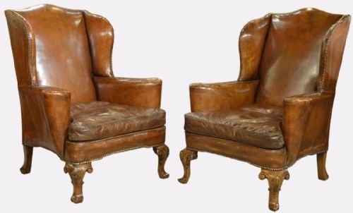 Pair of 19th Century Leather Wing Back Armchairs
