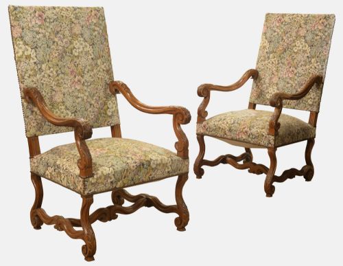 Pair of Walnut Louis Xiii Style French Armchairs