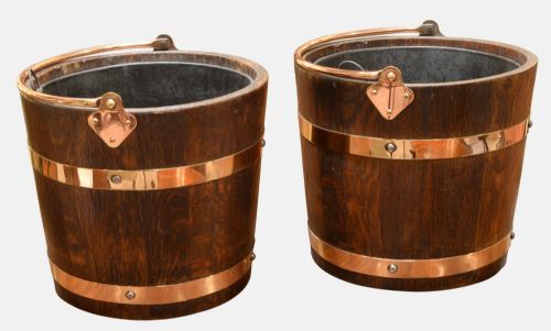 Pair of Copper Branded Oak Pails