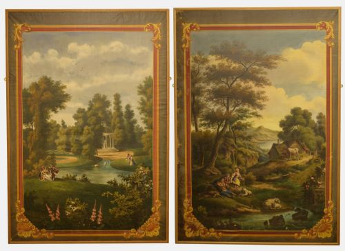 Pair of Large Oil on Canvas Classical Landscapes in the Style of Watteau.