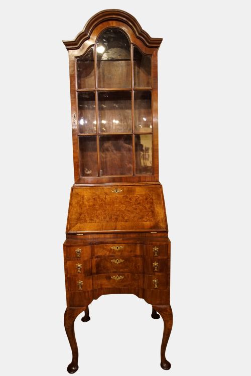 A Burr & Figured Walnut Queen Anne Style Bureau-bookcase