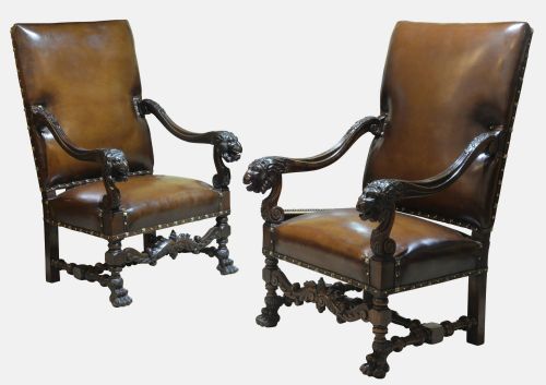 Pair of Walnut Louis Xiii Style Throne Chairs