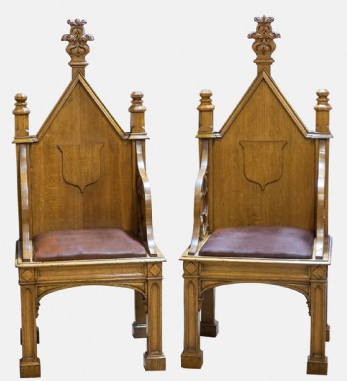 Pair of 19thc Oak Gothic Throne Chairs