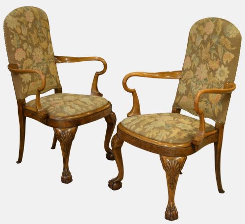 Pair of Queen Anne Style Walnut Open Armchairs