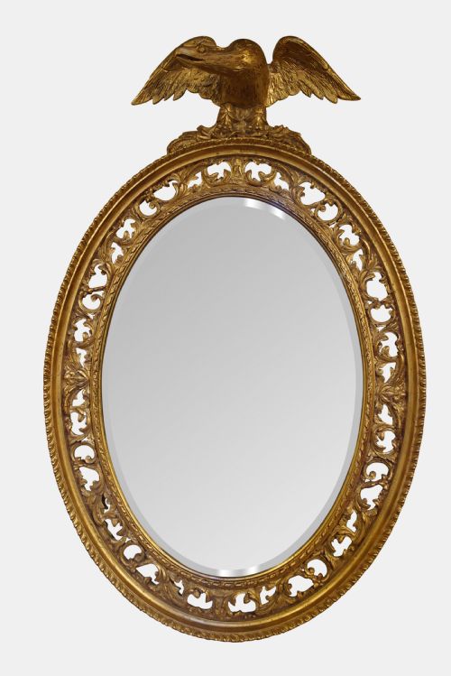 9thc Oval Gilt Mirror with Decorative Border & Eagle Surmount