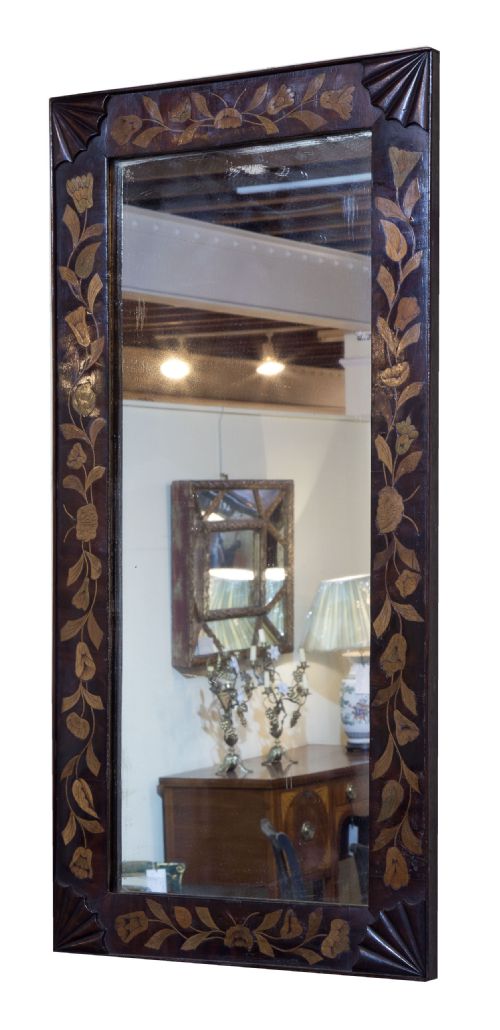 A Mahogany and Floral Dutch Marquetry Rectangular Mirror with Carved Corner Spandrels C1820