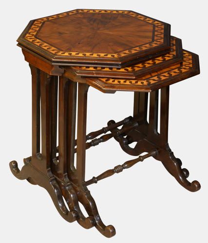 Octagonal Mahogany Nest of 3 Tables with Segmented Yew Wood Tops & Ribbon Banded Borders C1890