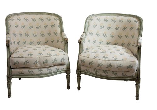 A Pair of French Beech Framed Painted Tub Chairs in the Style of Louis Xvi