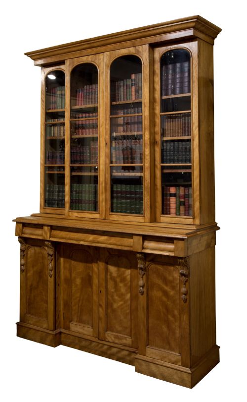 19th C Satin Birch Breakfront Bookcase