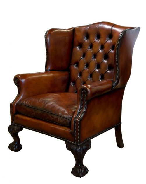 Large Chippendale Revival Leather Wing Armchair