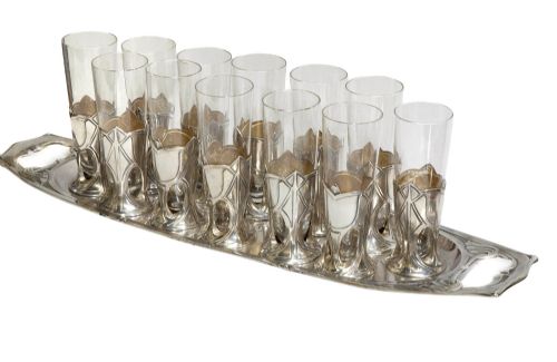 
Set of 12 Art Nouveau Champagne Flutes in Silver Frames