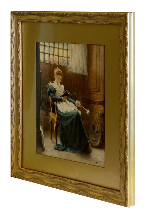 19thc Watercolour 'House Maid Reading' Signed C. (Charles) Gogin '76