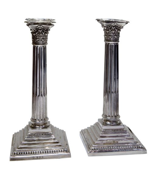 Pair of Silver Corrinthian Column Candle Sticks