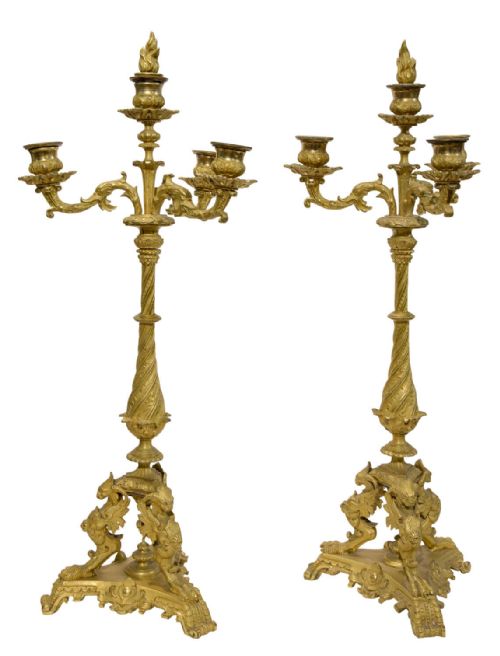 19thc Pair of Bronze Three Branch Candelabra