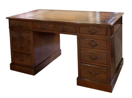 Mahogany Pedestal Desk with Antique Tan Leather Top C1900