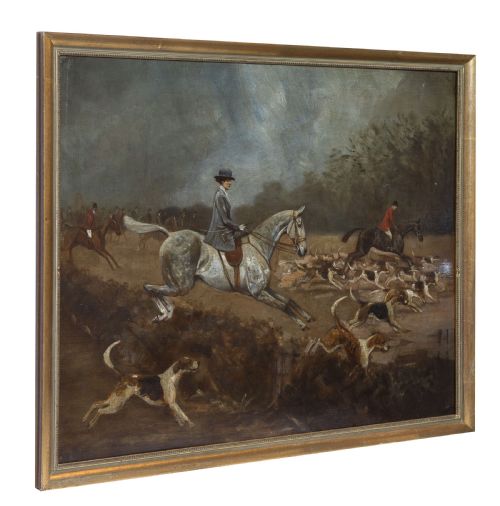 Country Woman Hunt Scene Oil on Canvas