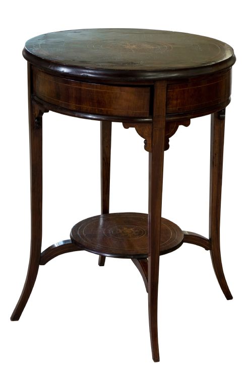 Circular Inlaid Drum Table with Rotating Top to Reveal Four Drawers