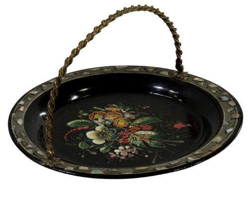 19thc Papier Mache Lacquered Basket with an Ormolu Handle