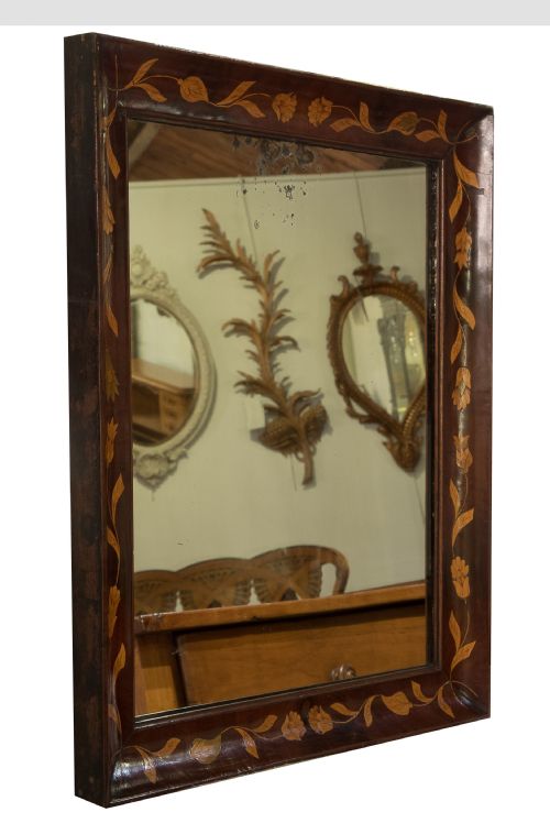 19thc Dutch Walnut and Floral Marquetry Frame Rectangular Wall Mirror