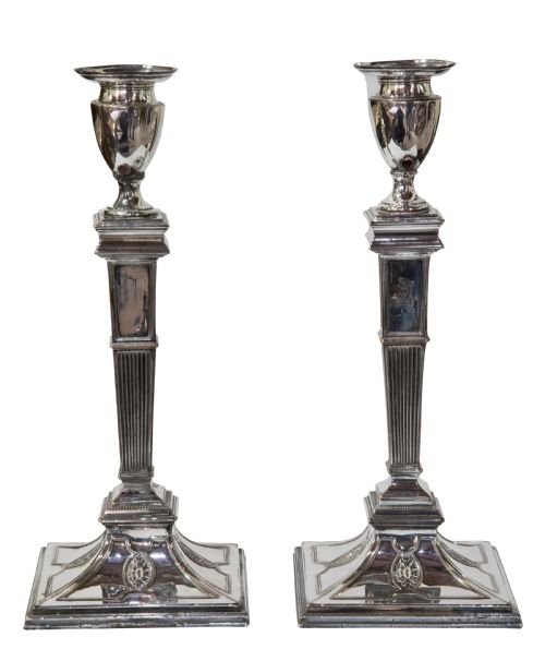 Pair of Old Sheffield Plate Candlesticks with Vase Shaped Sconces