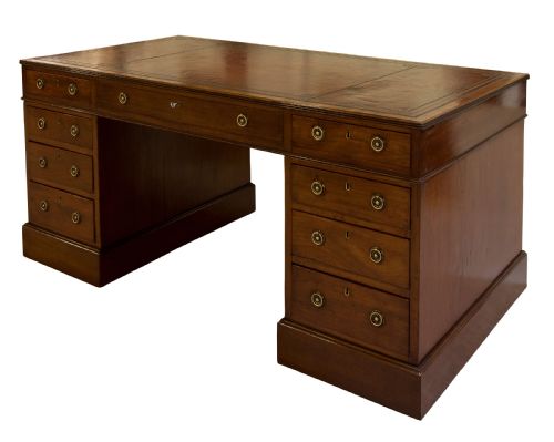 Mahogany Pedestal Desk with Brass Ring Drop Handles C1900