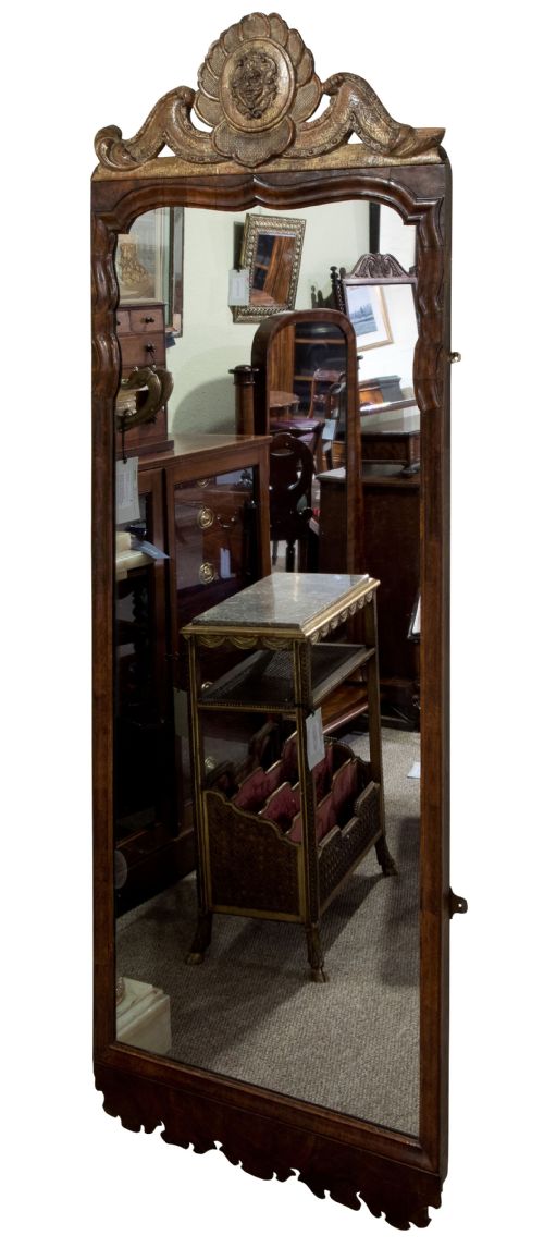 Tall Early 18thc Walnut Frame Wall Mirror with Arched Carved Gilt Top