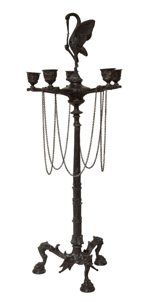 19thc Bronze Six Light Candelabra Surmounted by a Stork with a Snake